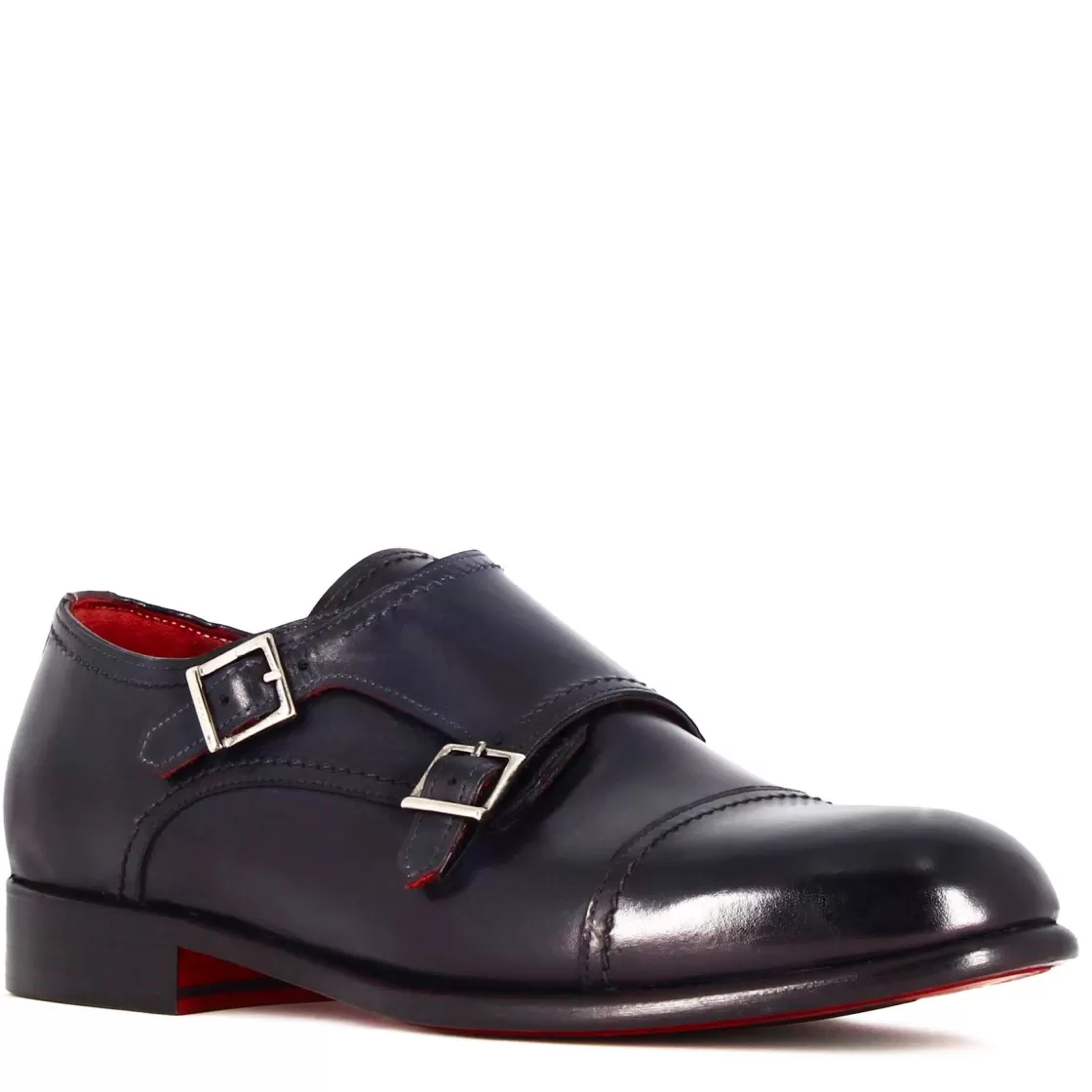Best Sale Leonardo Shoes Scarpa Con Doppia Fibbia Da Uomo In Pelle Liscia Colore Blu Scuro