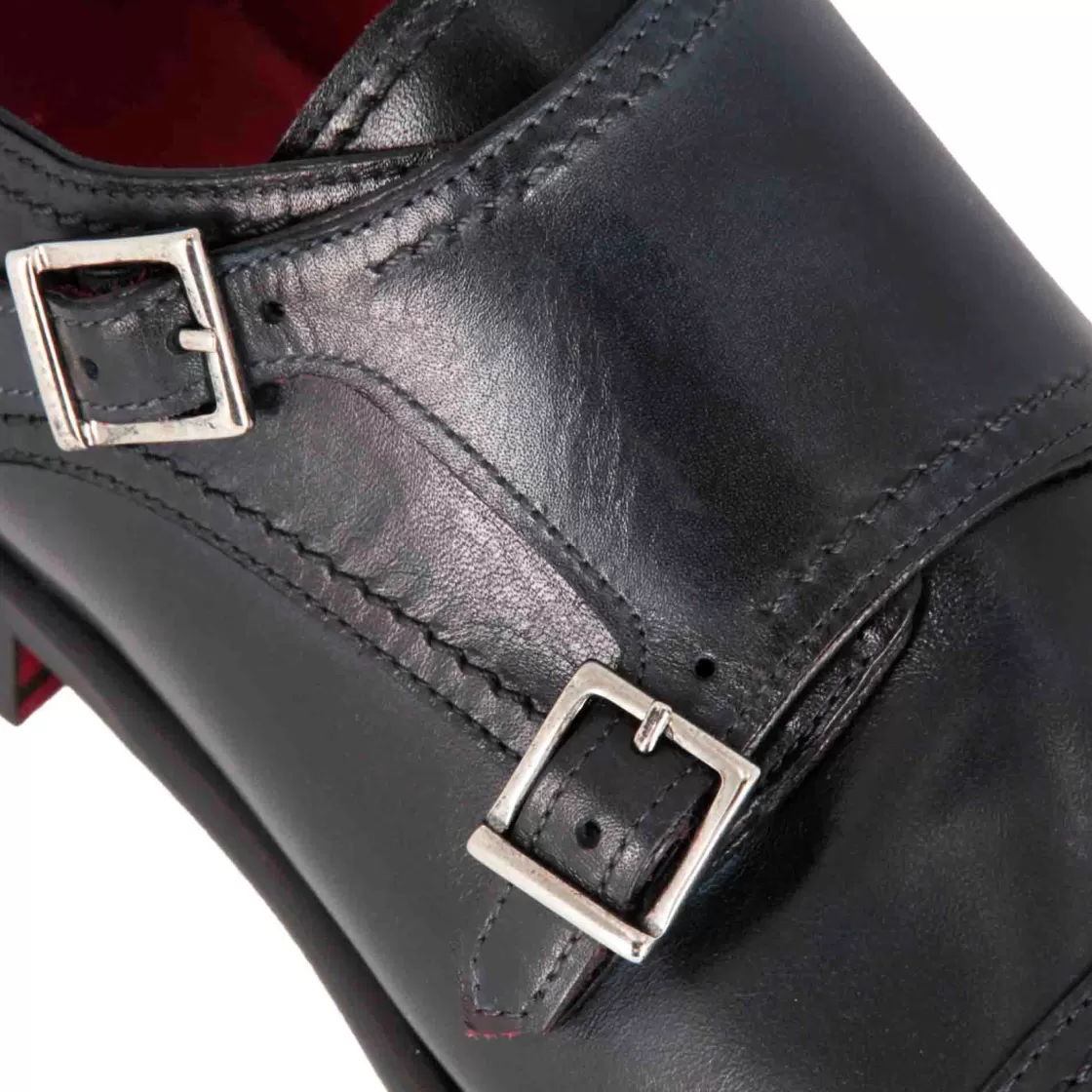 Best Sale Leonardo Shoes Scarpa Con Doppia Fibbia Da Uomo In Pelle Liscia Colore Blu Scuro