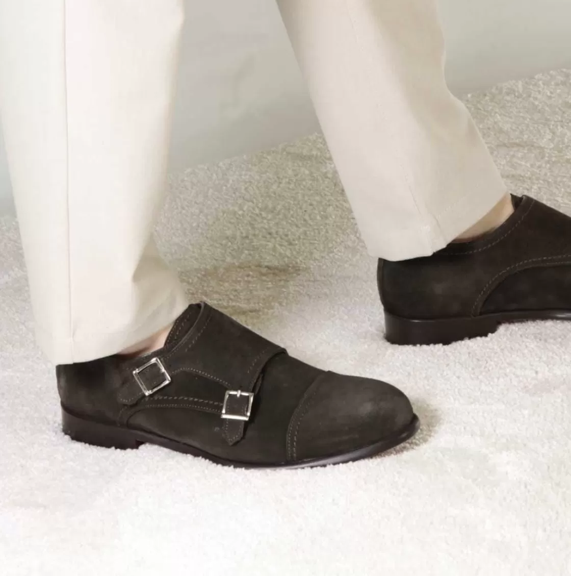 Best Sale Leonardo Shoes Scarpa Con Doppia Fibbia Da Uomo In Pelle Scamosciata Colore Marrone Scuro