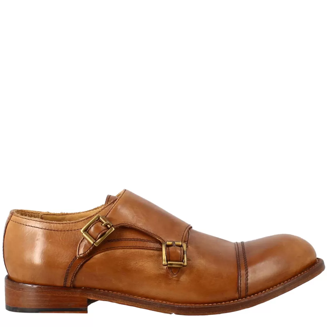 Outlet Leonardo Shoes Scarpa Doppia Fibbia Beige Vintage Elegante Da Uomo In Pelle Marrone Chiaro