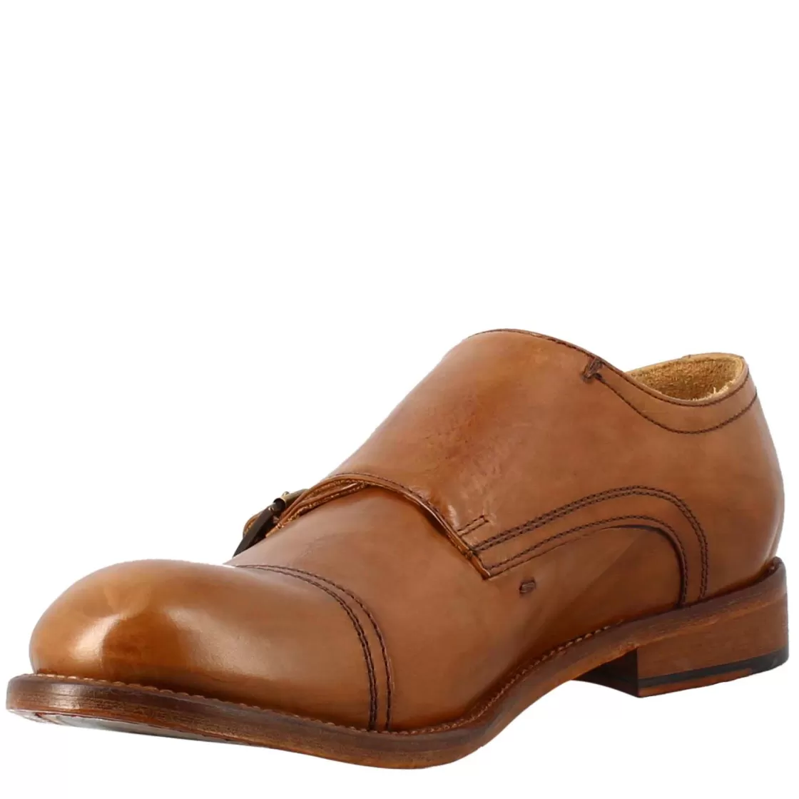 Outlet Leonardo Shoes Scarpa Doppia Fibbia Beige Vintage Elegante Da Uomo In Pelle Marrone Chiaro