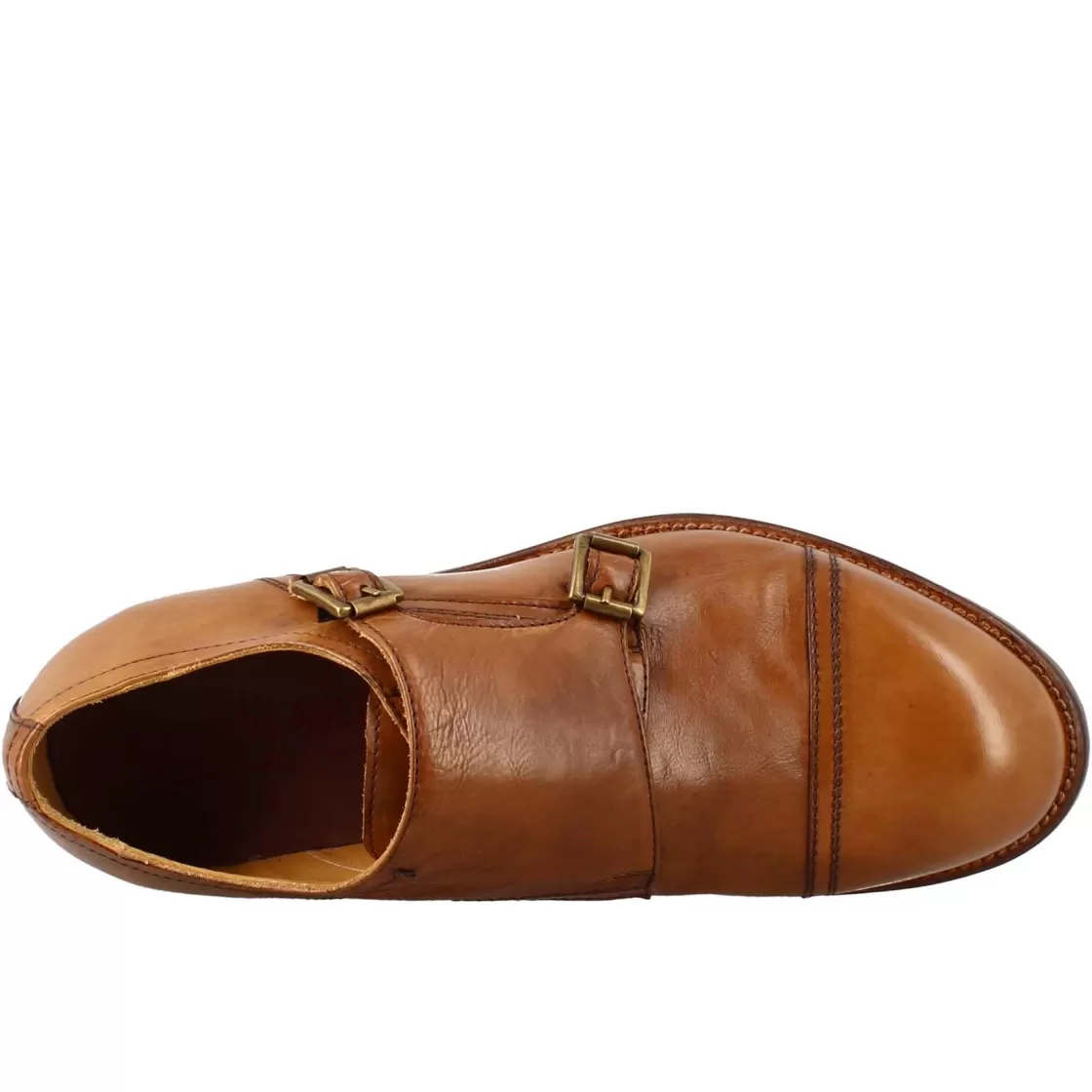 Outlet Leonardo Shoes Scarpa Doppia Fibbia Beige Vintage Elegante Da Uomo In Pelle Marrone Chiaro