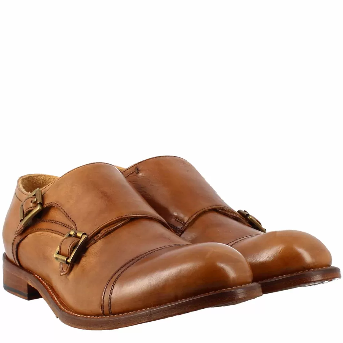 Outlet Leonardo Shoes Scarpa Doppia Fibbia Beige Vintage Elegante Da Uomo In Pelle Marrone Chiaro