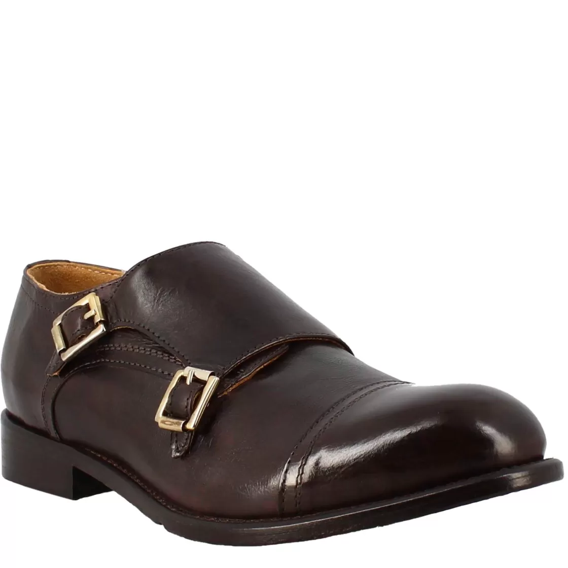 New Leonardo Shoes Scarpa Doppia Fibbia Bronzo Vintage Elegante Da Uomo In Pelle Marrone Scuro
