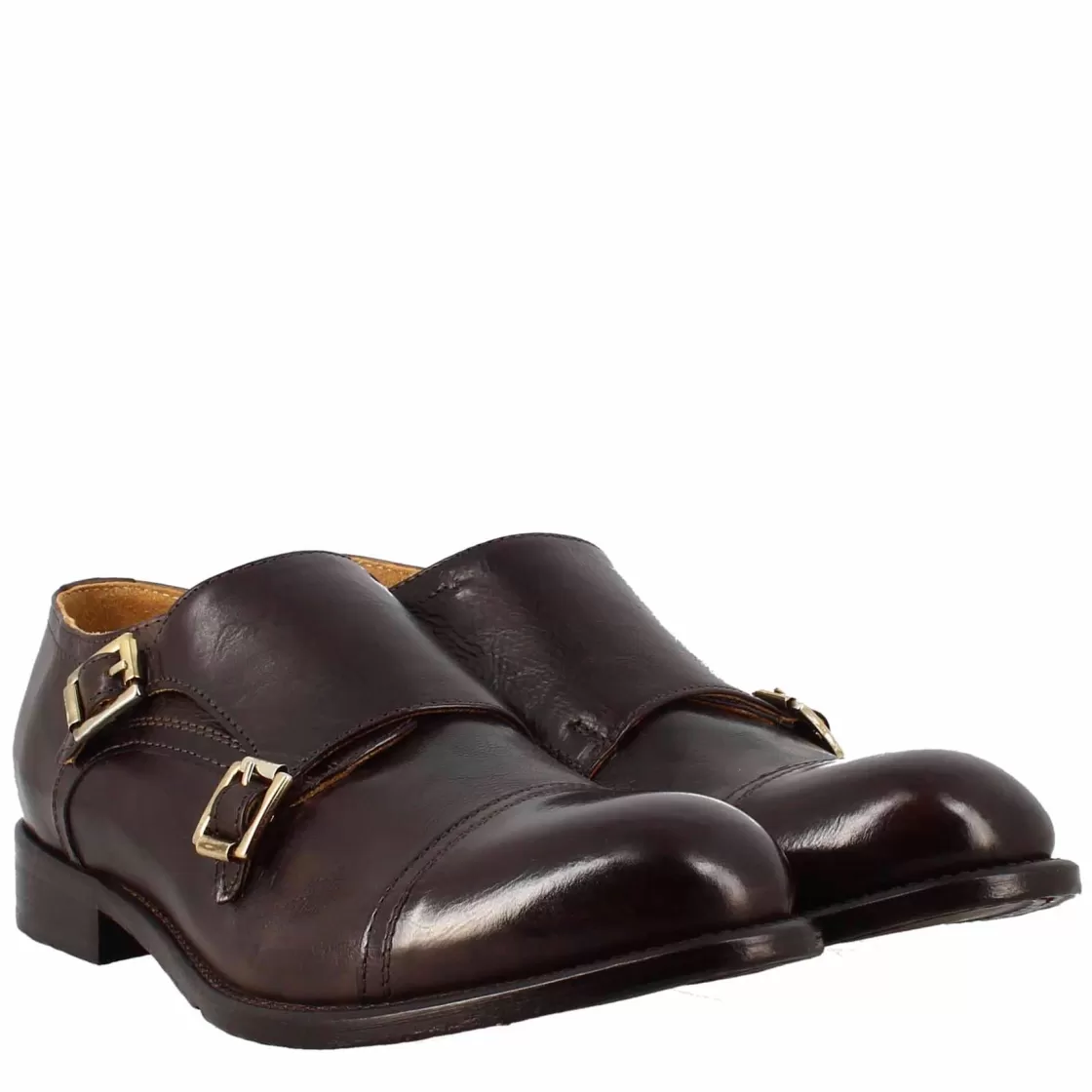 New Leonardo Shoes Scarpa Doppia Fibbia Bronzo Vintage Elegante Da Uomo In Pelle Marrone Scuro