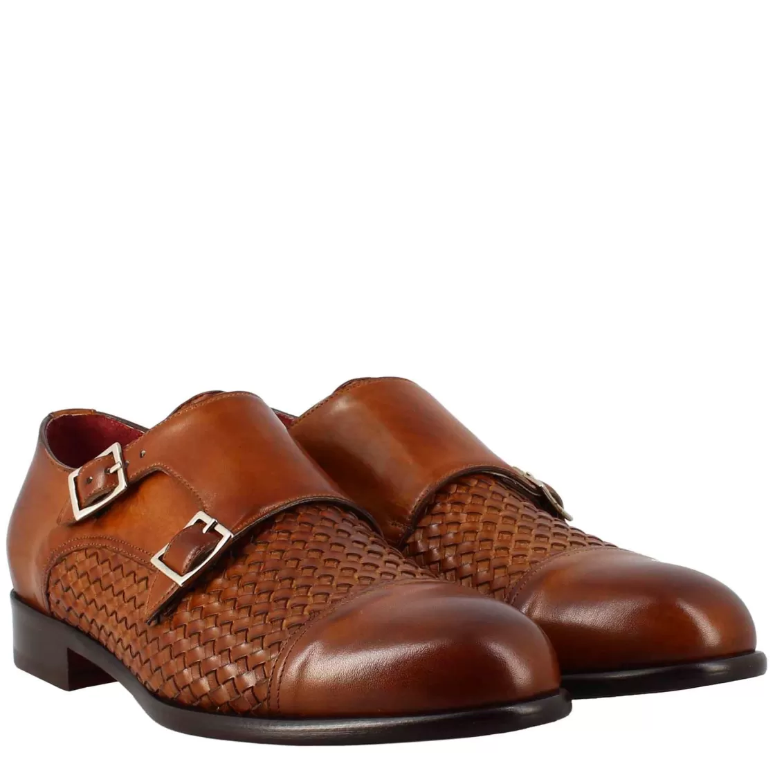 Best Leonardo Shoes Scarpa Doppia Fibbia Da Uomo In Pelle Intrecciata Siena Marrone