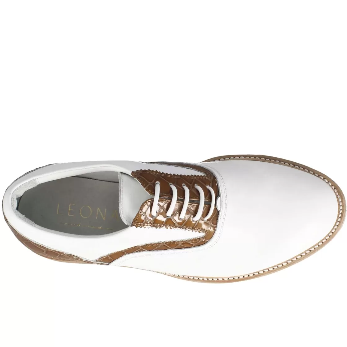 Online Leonardo Shoes Scarpe Da Golf Artigianali Da Donna In Pelle Bianca Con Dettagli In Colore Marrone Chiaro. Bianco