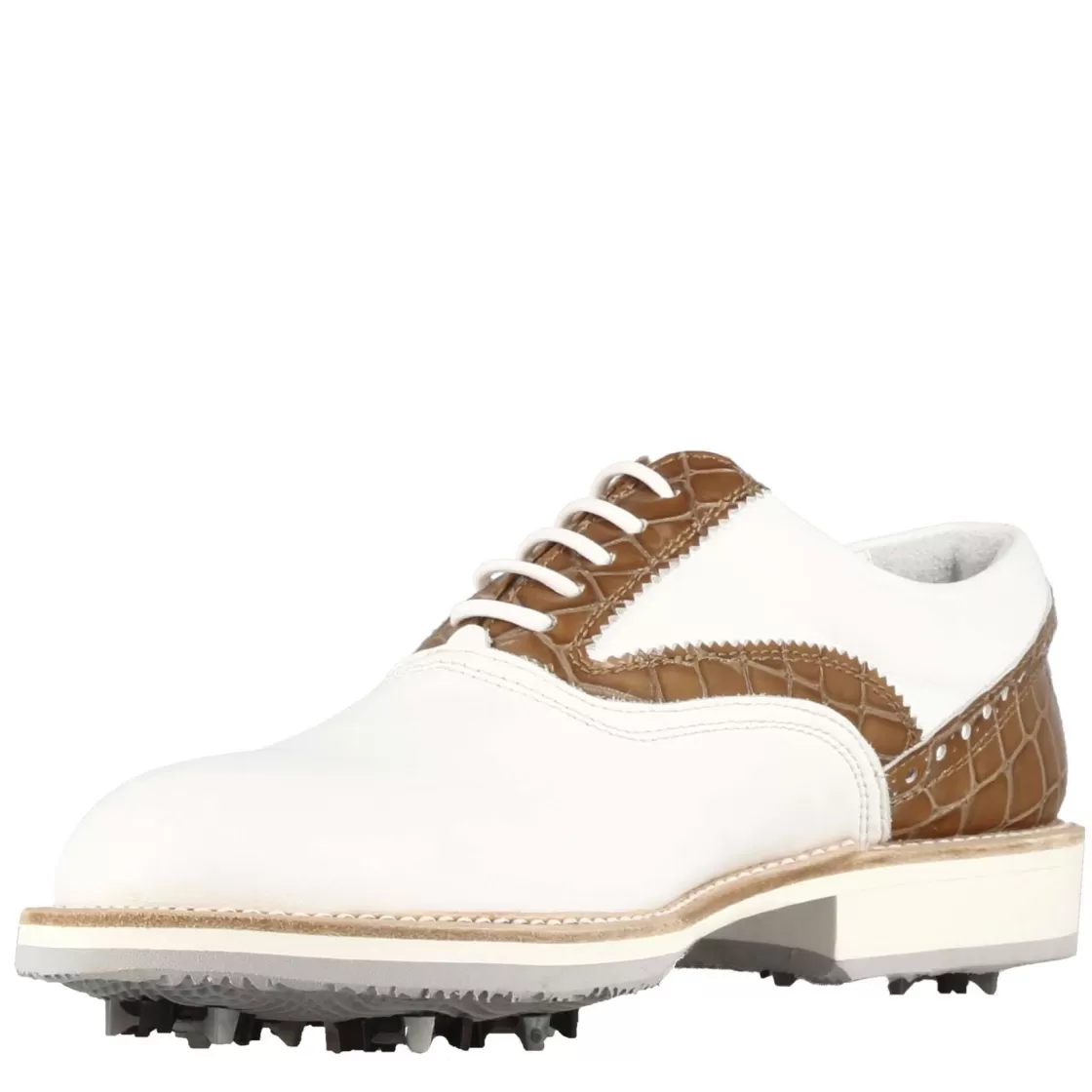 Online Leonardo Shoes Scarpe Da Golf Artigianali Da Donna In Pelle Bianca Con Dettagli In Colore Marrone Chiaro. Bianco