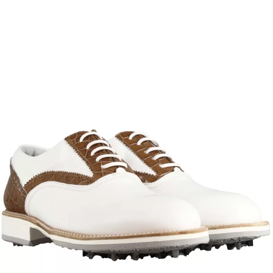 Online Leonardo Shoes Scarpe Da Golf Artigianali Da Donna In Pelle Bianca Con Dettagli In Colore Marrone Chiaro. Bianco