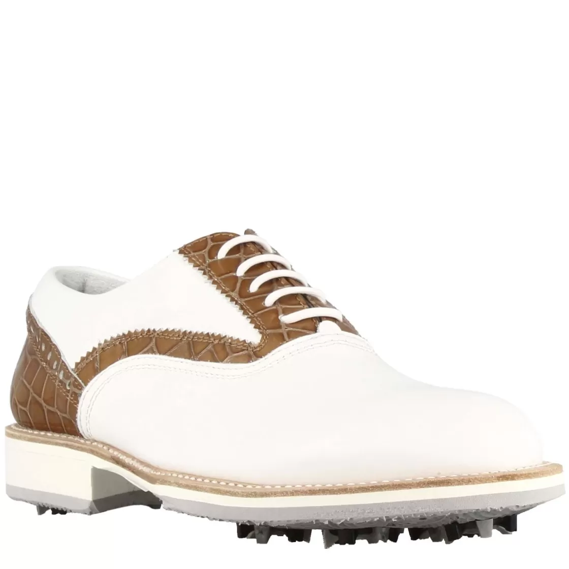 Shop Leonardo Shoes Scarpe Da Golf Artigianali Da Uomo In Pelle Bianca Con Dettagli In Colore Marrone Chiaro. Bianco