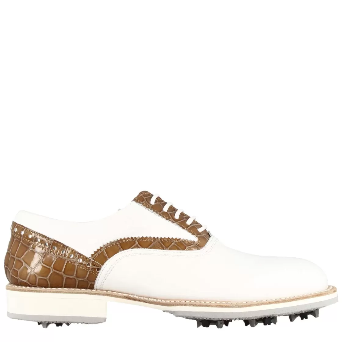 Shop Leonardo Shoes Scarpe Da Golf Artigianali Da Uomo In Pelle Bianca Con Dettagli In Colore Marrone Chiaro. Bianco