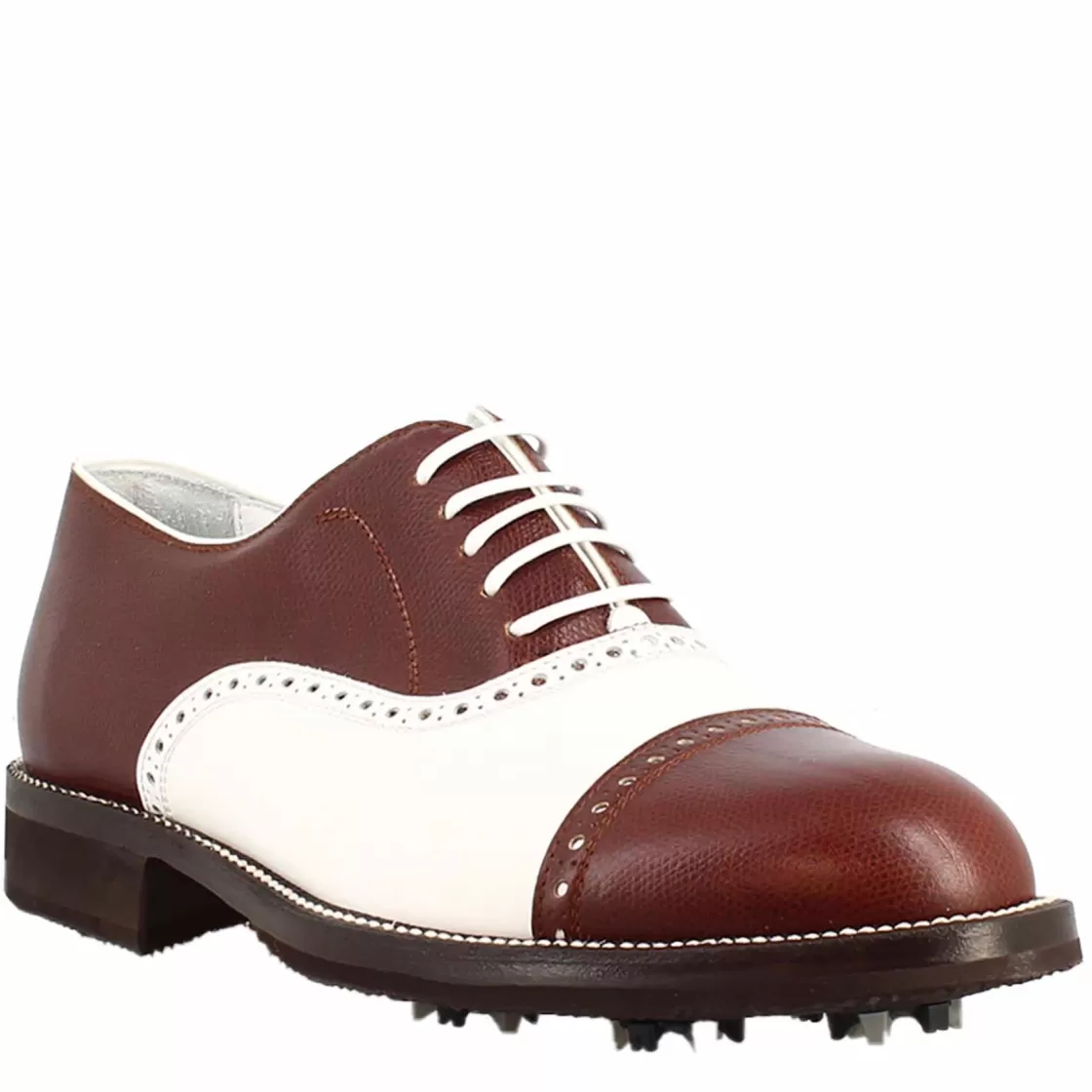 Cheap Leonardo Shoes Scarpe Da Golf Da Uomo LRP Artigianali In Pelle Colore Bianco E Con Dettagli Brogue Marrone