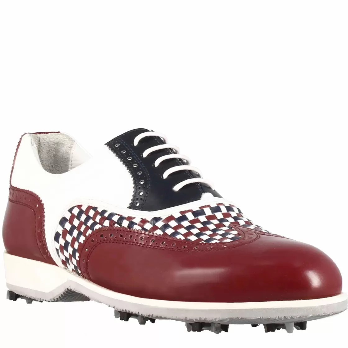 Cheap Leonardo Shoes Scarpe Da Golf Donna Artigianali In Pelle Bianca Con Dettagli Colore Blu E Bordeaux