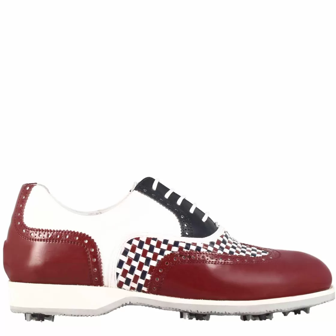 Cheap Leonardo Shoes Scarpe Da Golf Donna Artigianali In Pelle Bianca Con Dettagli Colore Blu E Bordeaux