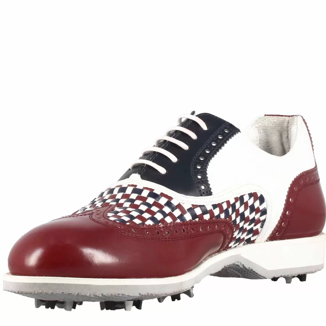 Cheap Leonardo Shoes Scarpe Da Golf Donna Artigianali In Pelle Bianca Con Dettagli Colore Blu E Bordeaux
