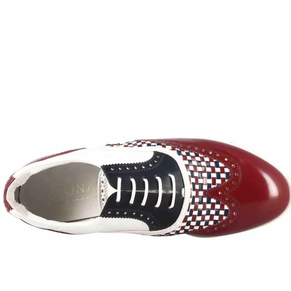 Cheap Leonardo Shoes Scarpe Da Golf Donna Artigianali In Pelle Bianca Con Dettagli Colore Blu E Bordeaux