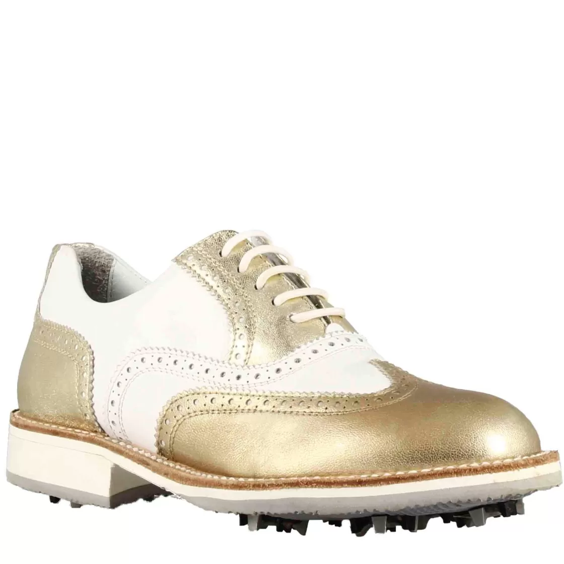 Cheap Leonardo Shoes Scarpe Da Golf Donna Artigianali In Pelle Bianca Con Dettagli Colore Oro Bianco