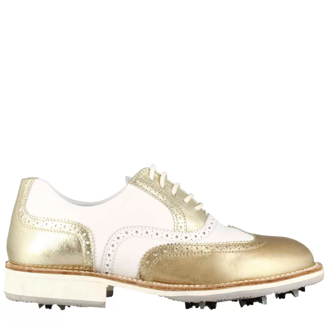 Cheap Leonardo Shoes Scarpe Da Golf Donna Artigianali In Pelle Bianca Con Dettagli Colore Oro Bianco