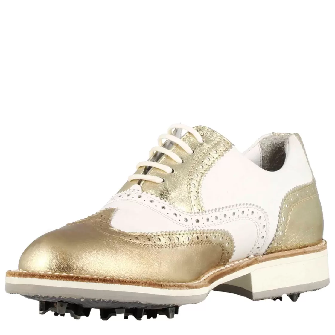 Cheap Leonardo Shoes Scarpe Da Golf Donna Artigianali In Pelle Bianca Con Dettagli Colore Oro Bianco
