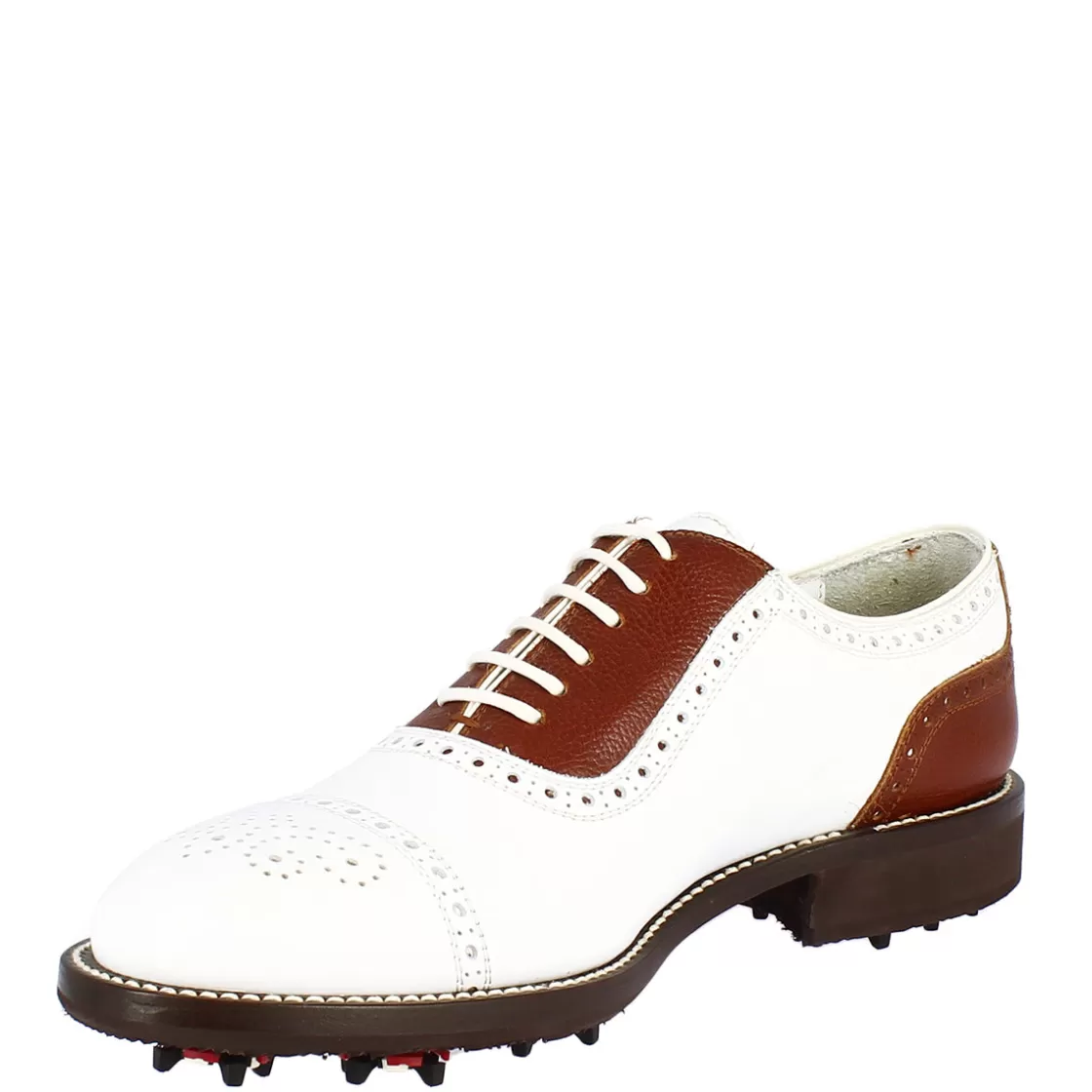 Outlet Leonardo Shoes Scarpe Da Golf Uomo Classiche Artigianali In Pelle Bianca Marrone