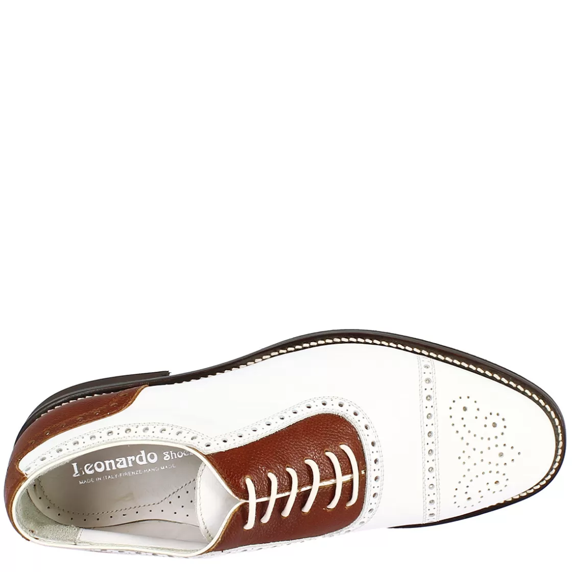 Outlet Leonardo Shoes Scarpe Da Golf Uomo Classiche Artigianali In Pelle Bianca Marrone