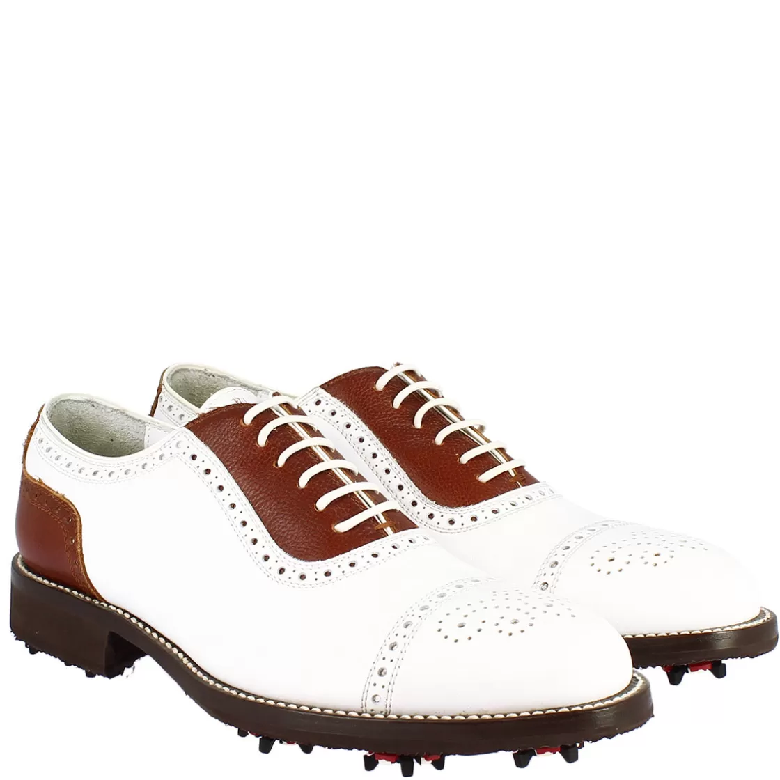 Outlet Leonardo Shoes Scarpe Da Golf Uomo Classiche Artigianali In Pelle Bianca Marrone