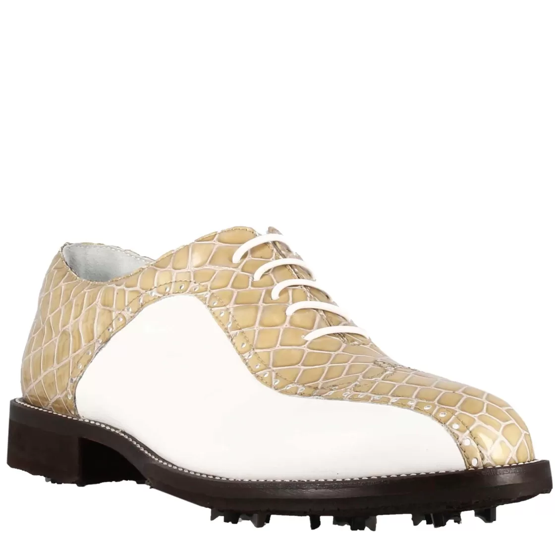 Flash Sale Leonardo Shoes Scarpe Da Golf Uomo In Pelle Bicolore Bianca E Con Stampa Cocco Beige