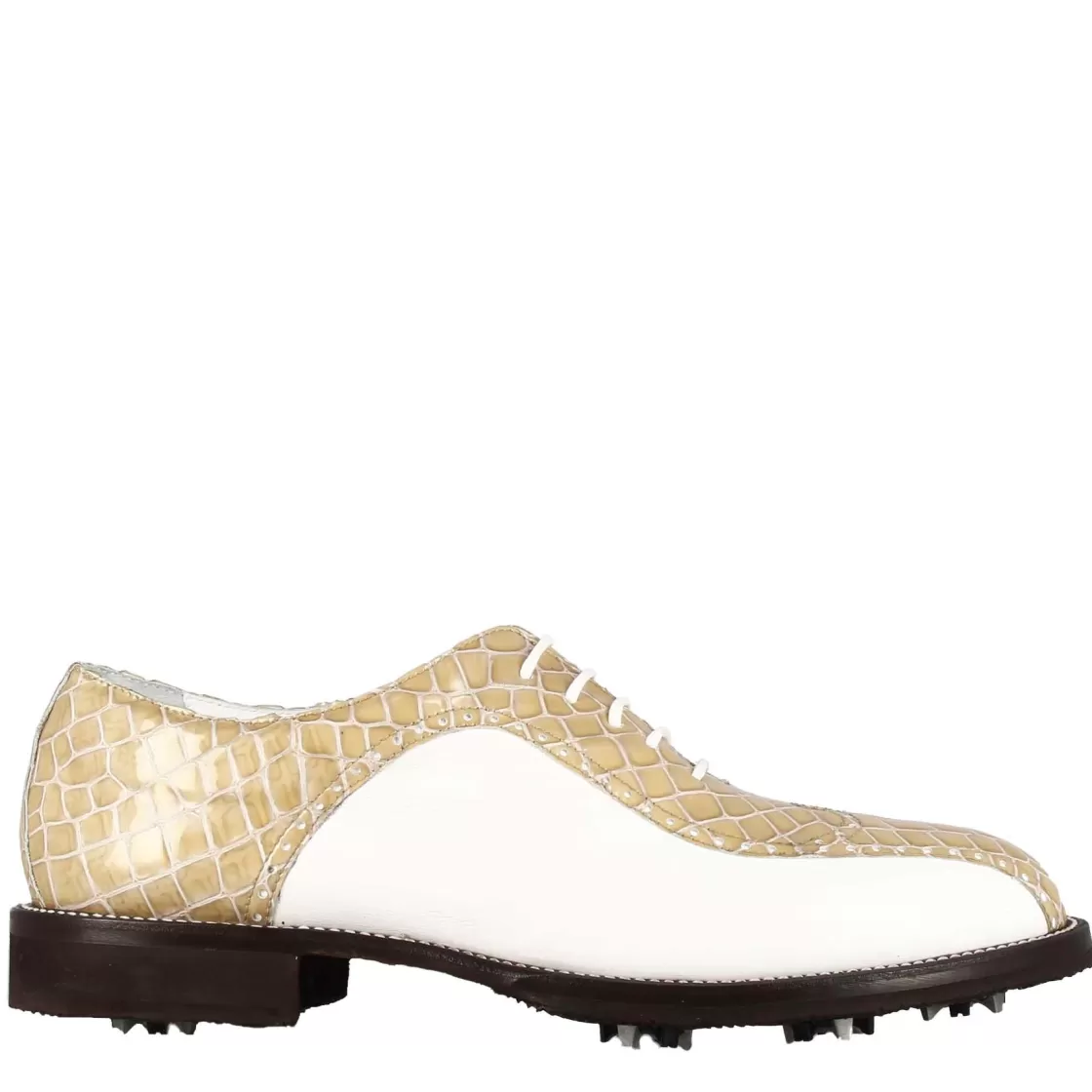 Flash Sale Leonardo Shoes Scarpe Da Golf Uomo In Pelle Bicolore Bianca E Con Stampa Cocco Beige