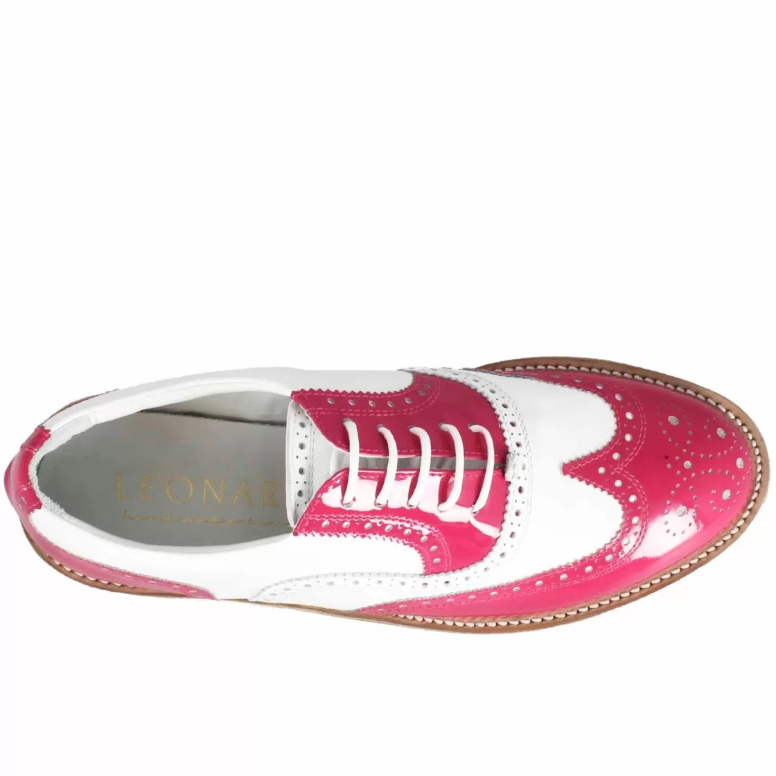 Hot Leonardo Shoes Scarpe Golf Da Donna Fatte A Mano In Pelle Lucida Colore Bianco . Rosa