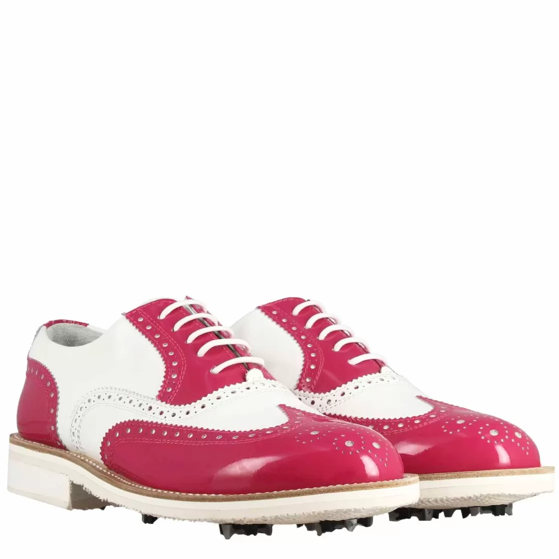 Hot Leonardo Shoes Scarpe Golf Da Donna Fatte A Mano In Pelle Lucida Colore Bianco . Rosa