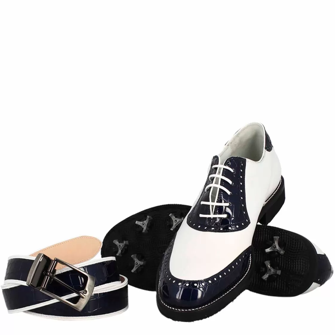 Clearance Leonardo Shoes Scarpe Golf Da Uomo Artigianali In Pelle E Cocco Blu Bianco