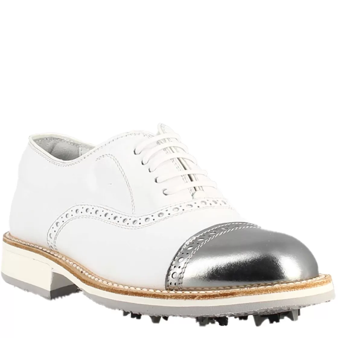 Fashion Leonardo Shoes Scarpe Golf Da Uomo Artigianali In Pelle E Dettagli In Argento Bianco
