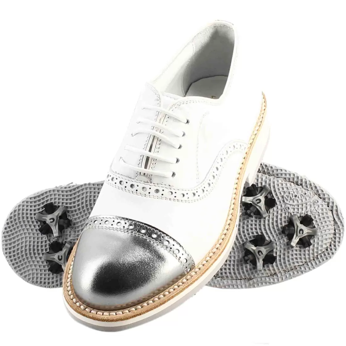 Fashion Leonardo Shoes Scarpe Golf Da Uomo Artigianali In Pelle E Dettagli In Argento Bianco