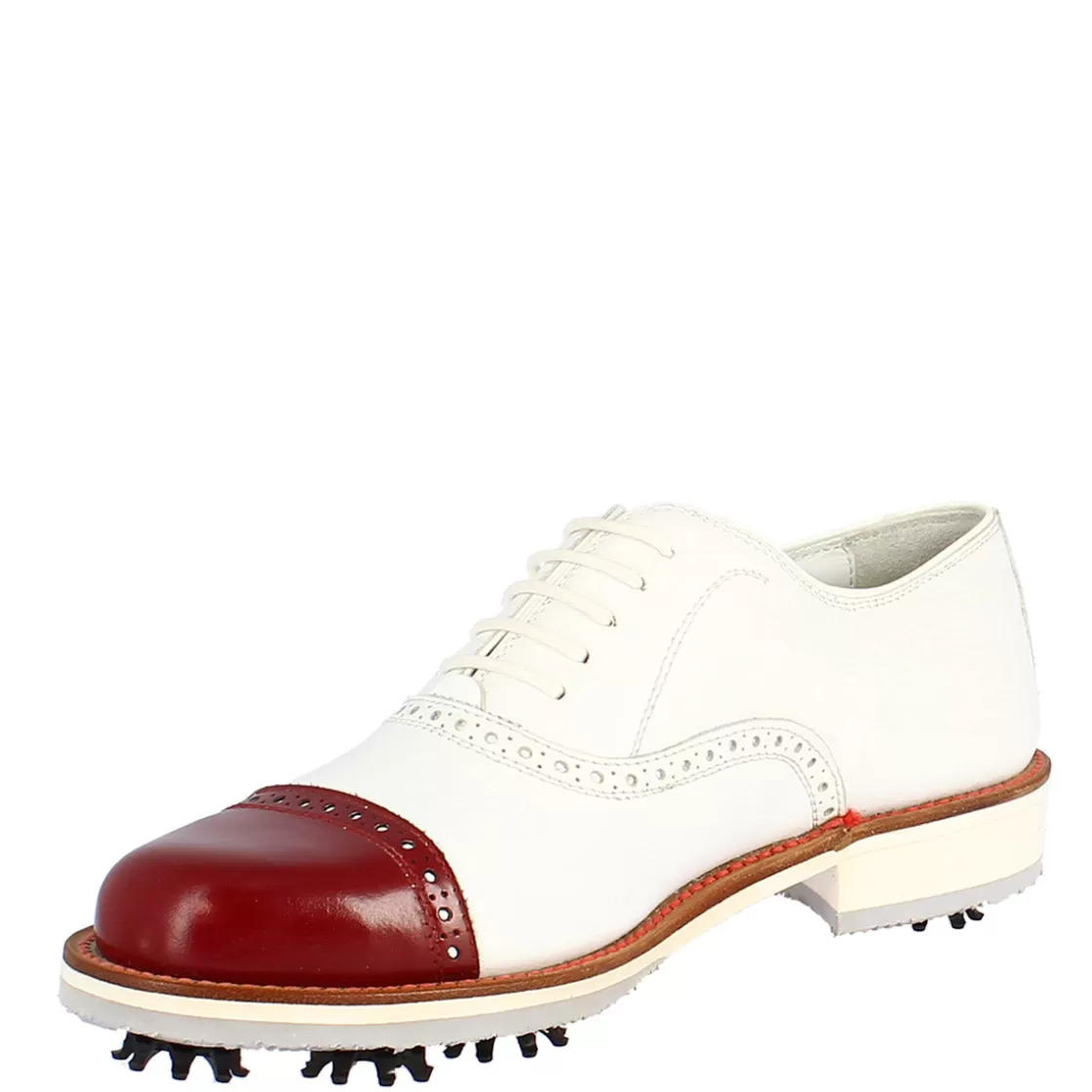 Clearance Leonardo Shoes Scarpe Golf Donna Artigianali In Pelle Bianco Con Puntale Rosso