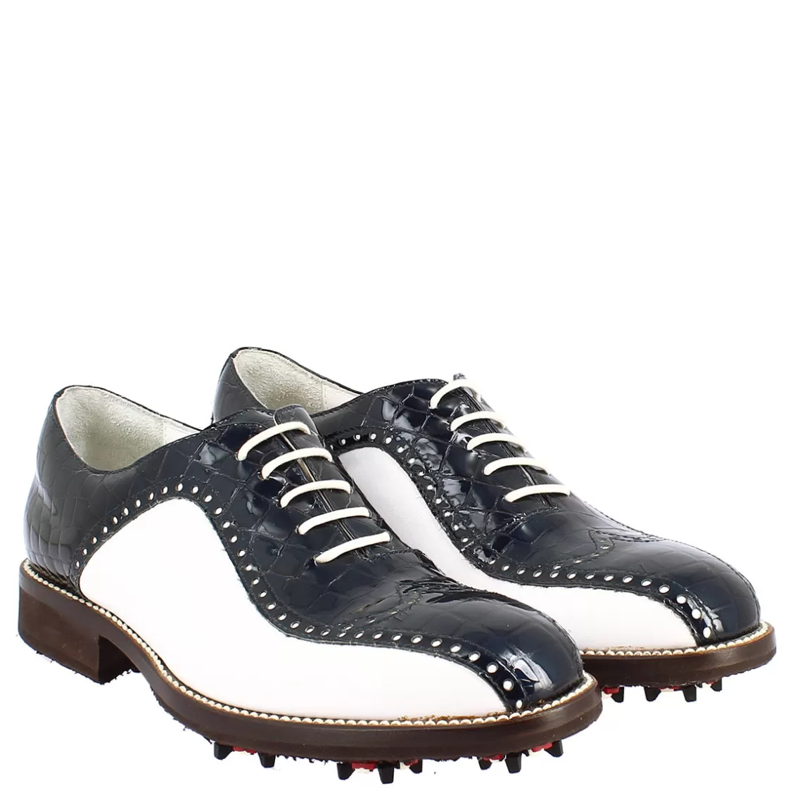 Fashion Leonardo Shoes Scarpe Golf Donna Artigianali In Pelle Pieno Fiore Bianco Cocco Blu