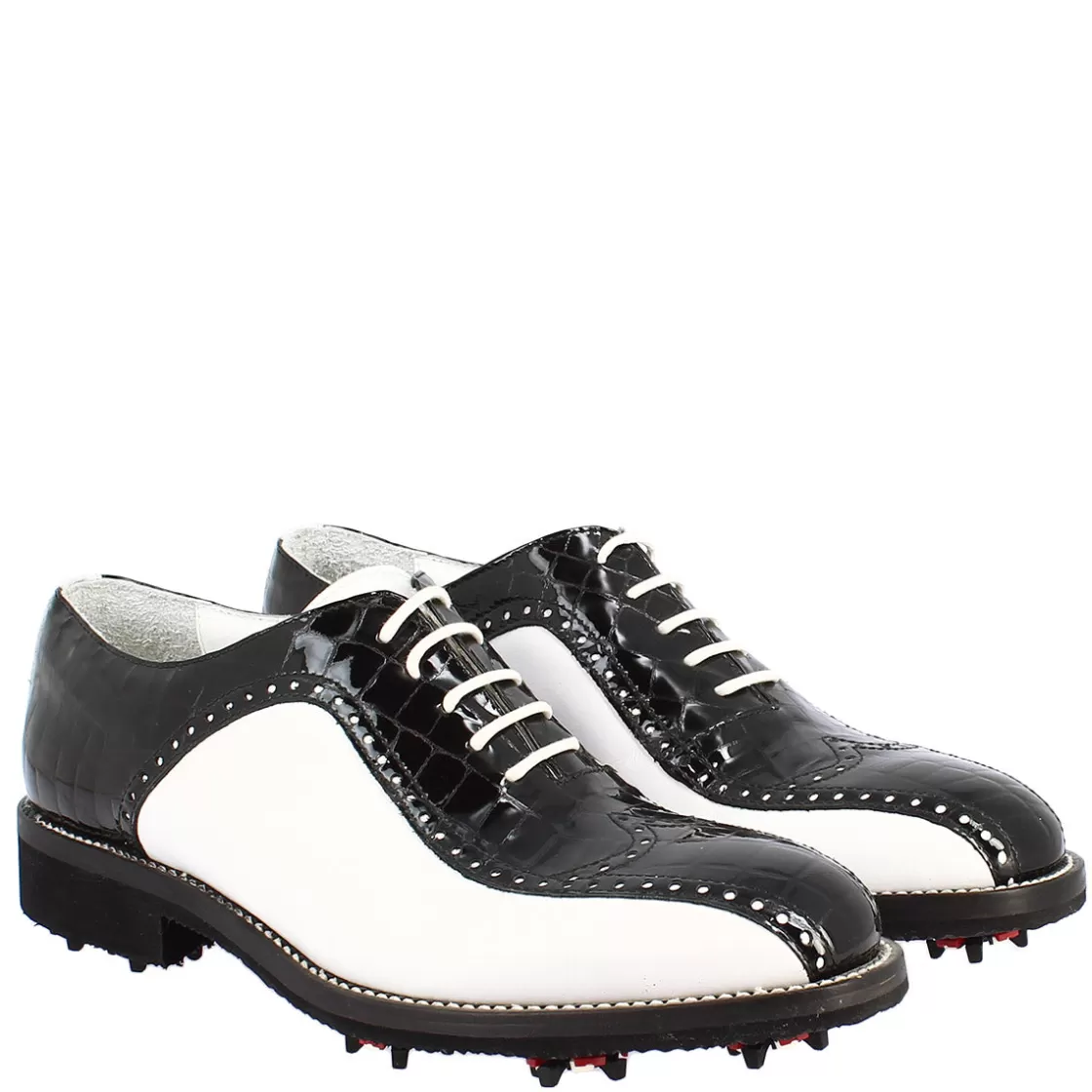 Cheap Leonardo Shoes Scarpe Golf Donna Artigianali In Pelle Pieno Fiore Bianco Cocco Nero
