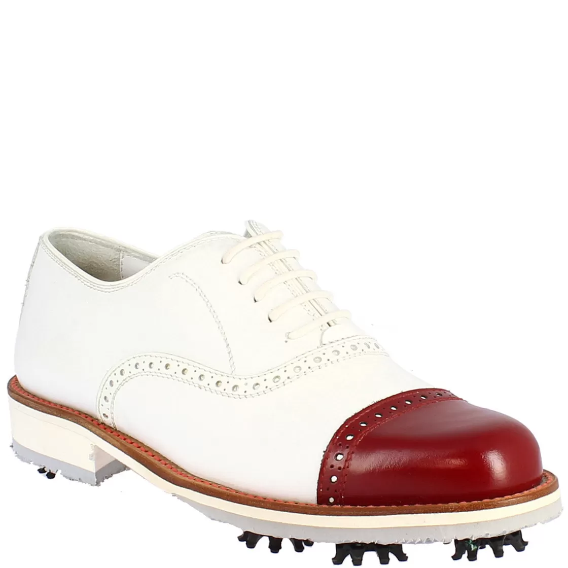 Outlet Leonardo Shoes Scarpe Golf Uomo Artigianali In Pelle Bianco Con Puntale Rosso