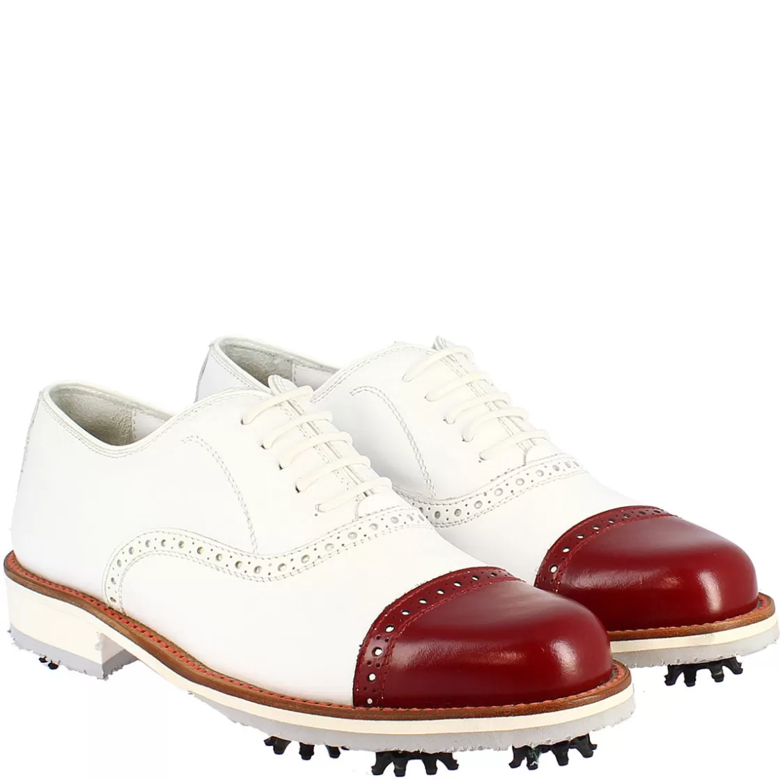 Outlet Leonardo Shoes Scarpe Golf Uomo Artigianali In Pelle Bianco Con Puntale Rosso