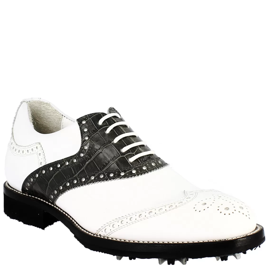Cheap Leonardo Shoes Scarpe Golf Uomo Artigianali In Pelle Pieno Fiore Nero Bianco