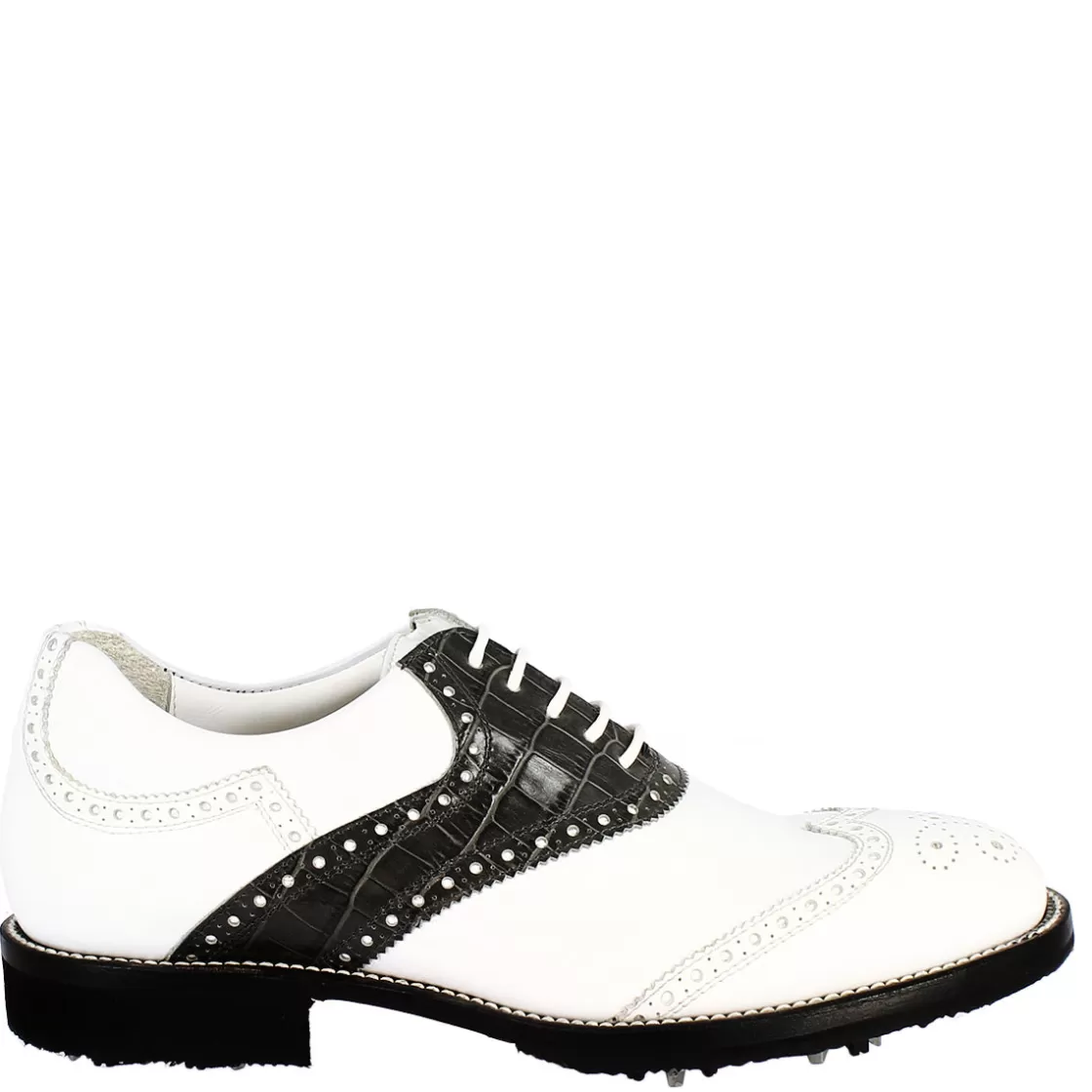 Cheap Leonardo Shoes Scarpe Golf Uomo Artigianali In Pelle Pieno Fiore Nero Bianco