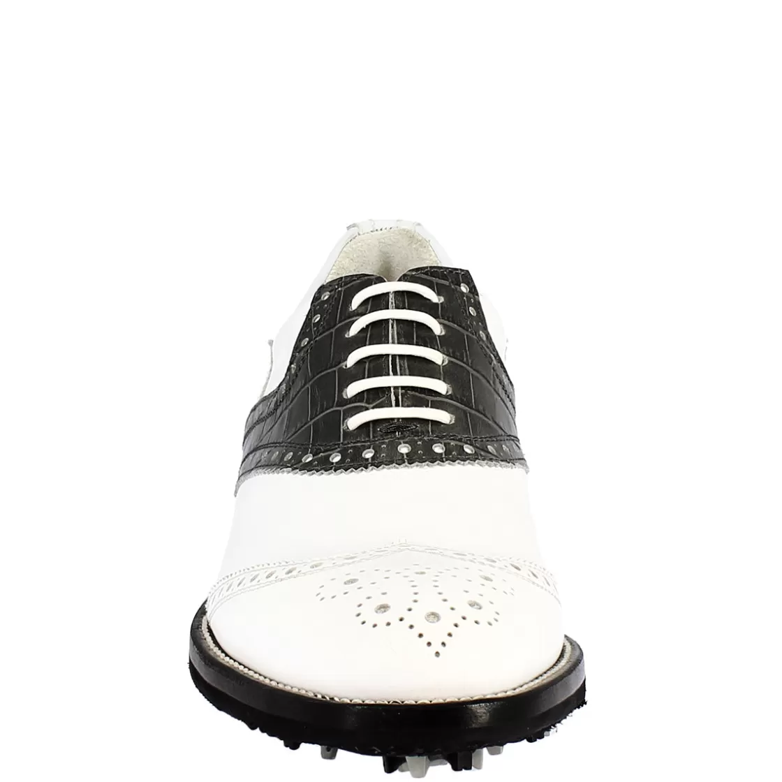 Cheap Leonardo Shoes Scarpe Golf Uomo Artigianali In Pelle Pieno Fiore Nero Bianco