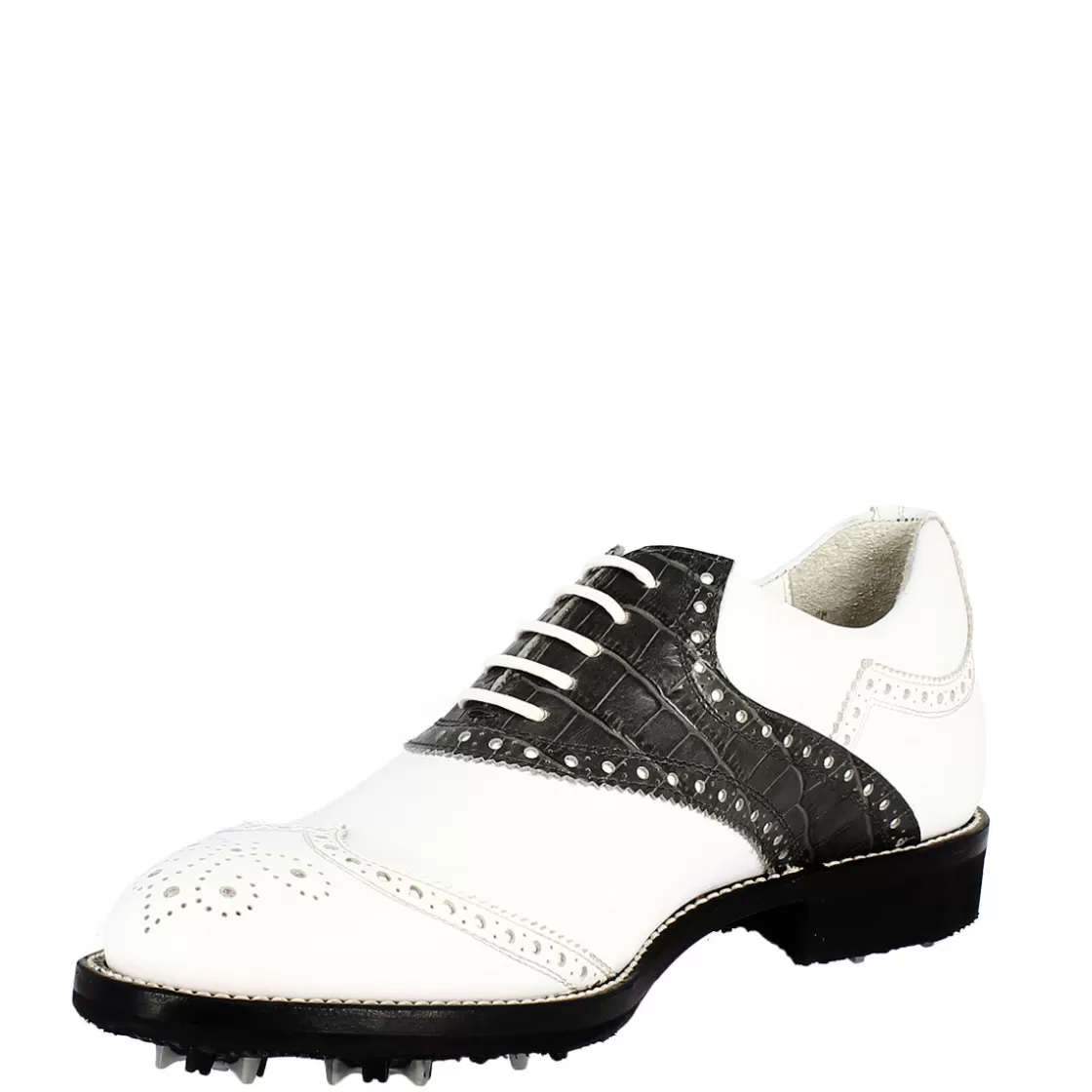 Cheap Leonardo Shoes Scarpe Golf Uomo Artigianali In Pelle Pieno Fiore Nero Bianco