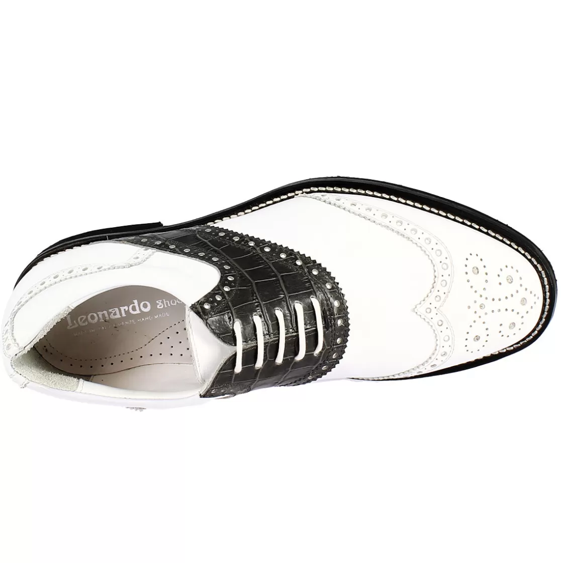 Cheap Leonardo Shoes Scarpe Golf Uomo Artigianali In Pelle Pieno Fiore Nero Bianco