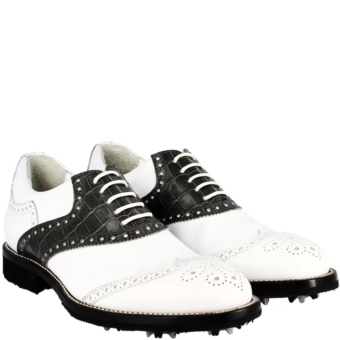 Cheap Leonardo Shoes Scarpe Golf Uomo Artigianali In Pelle Pieno Fiore Nero Bianco