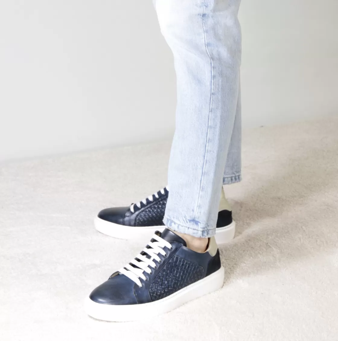 Store Leonardo Shoes Sneaker Casual Da Uomo In Pelle Intrecciata Colore Blu