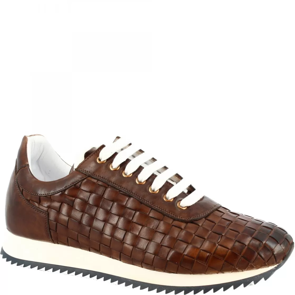 New Leonardo Shoes Sneakers Casual Da Uomo Fatte A Mano In Pelle Intrecciata Brandy Marrone