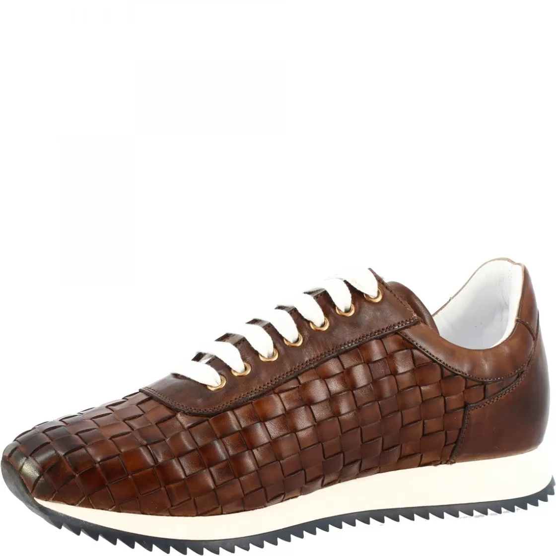 New Leonardo Shoes Sneakers Casual Da Uomo Fatte A Mano In Pelle Intrecciata Brandy Marrone