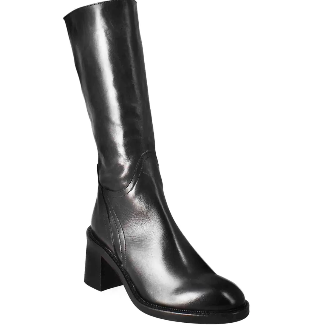 Outlet Leonardo Shoes Stivale Diver Altezza Polpaccio Da Donna Con Tacco In Pelle Lavata Color Nero
