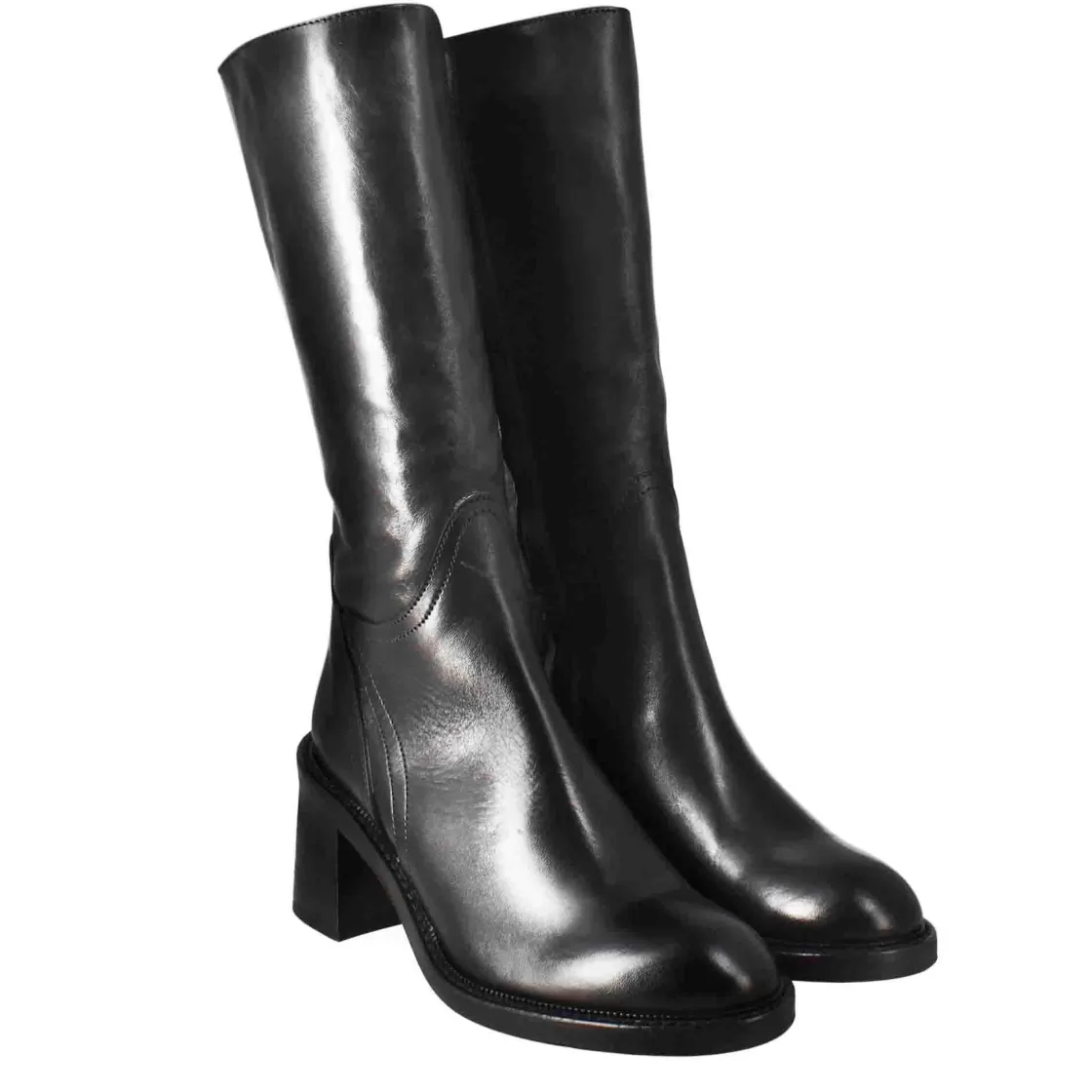 Outlet Leonardo Shoes Stivale Diver Altezza Polpaccio Da Donna Con Tacco In Pelle Lavata Color Nero