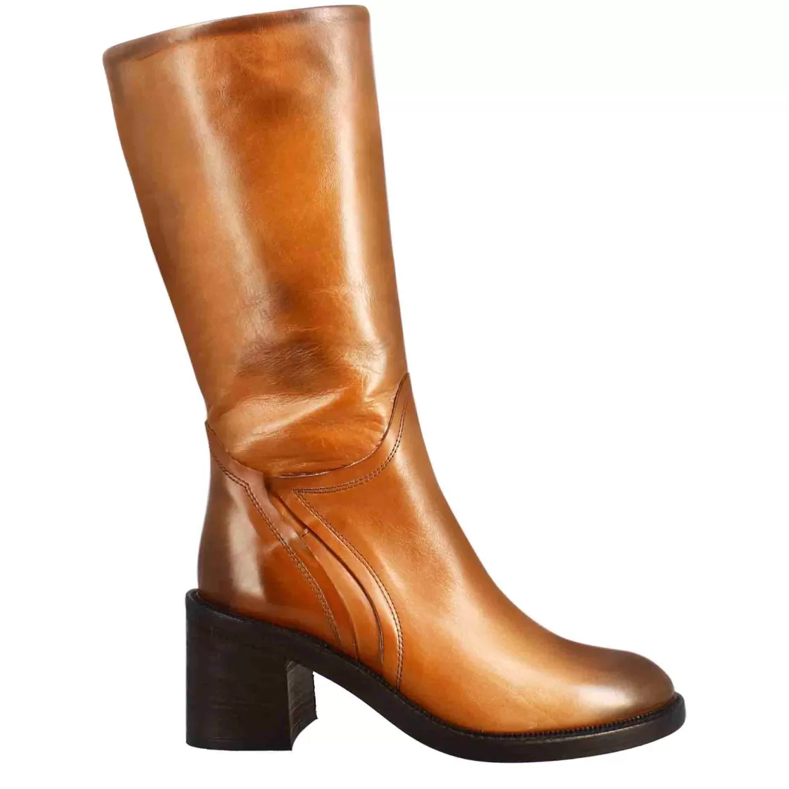 Best Sale Leonardo Shoes Stivale Diver Altezza Polpaccio Da Donna Con Tacco In Pelle Lavata Colore Cuoio Scuro Marrone